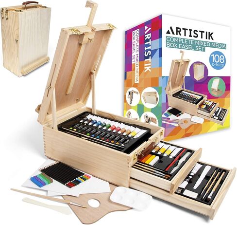 حامل خشبي لسطح الطاولة للفنون - مجموعة كاملة من 108 قطعة من صناديق الوسائط المختلطة للفنانين، حامل قابل للتعديل من خشب الزان الفاخر مع درجين وتخزين سطح المكتب للرسم والرسم in Kuwait