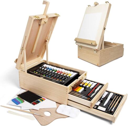 حامل خشبي لسطح الطاولة للفنون - مجموعة كاملة من 108 قطعة من صناديق الوسائط المختلطة للفنانين، حامل قابل للتعديل من خشب الزان الفاخر مع درجين وتخزين سطح المكتب للرسم والرسم in Kuwait