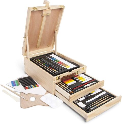 حامل خشبي لسطح الطاولة للفنون - مجموعة كاملة من 108 قطعة من صناديق الوسائط المختلطة للفنانين، حامل قابل للتعديل من خشب الزان الفاخر مع درجين وتخزين سطح المكتب للرسم والرسم in Kuwait