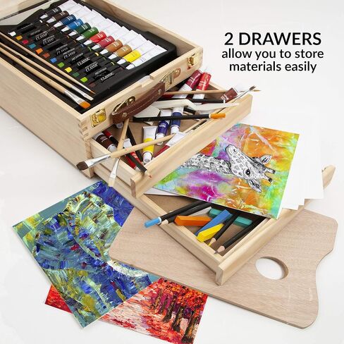 حامل خشبي لسطح الطاولة للفنون - مجموعة كاملة من 108 قطعة من صناديق الوسائط المختلطة للفنانين، حامل قابل للتعديل من خشب الزان الفاخر مع درجين وتخزين سطح المكتب للرسم والرسم in Kuwait