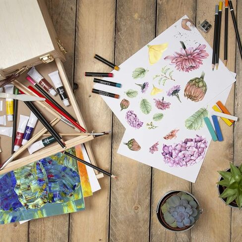 حامل خشبي لسطح الطاولة للفنون - مجموعة كاملة من 108 قطعة من صناديق الوسائط المختلطة للفنانين، حامل قابل للتعديل من خشب الزان الفاخر مع درجين وتخزين سطح المكتب للرسم والرسم in Kuwait