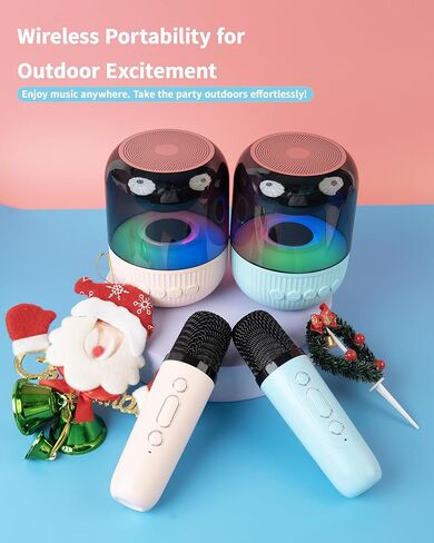 مجموعة سماعات كاريوكي صغيرة للأطفال والكبار، آلة كاريوكي محمولة تعمل بالبلوتوث مع ميكروفون لاسلكي واحد للحفلات المنزلية، الاجتماعات، الهواء الطلق، التحدث، مكبر صوت كاريوكي محمول مع LED (وردي، 1 ميكروفون) in Kuwait