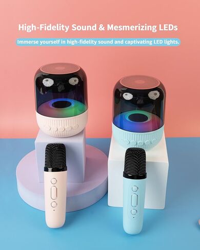 مجموعة سماعات كاريوكي صغيرة للأطفال والكبار، آلة كاريوكي محمولة تعمل بالبلوتوث مع ميكروفون لاسلكي واحد للحفلات المنزلية، الاجتماعات، الهواء الطلق، التحدث، مكبر صوت كاريوكي محمول مع LED (وردي، 1 ميكروفون) in Kuwait