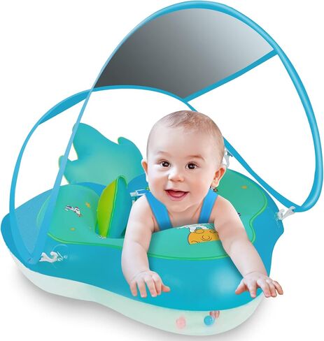 Baby Swimming Float Inflatable Baby Pool Float with Removable Sun Protection Canopy, No Flip Over Infant Pool Float Ring with Tail, Baby Float for Pool for Age of 3-36 Months in Kuwait
