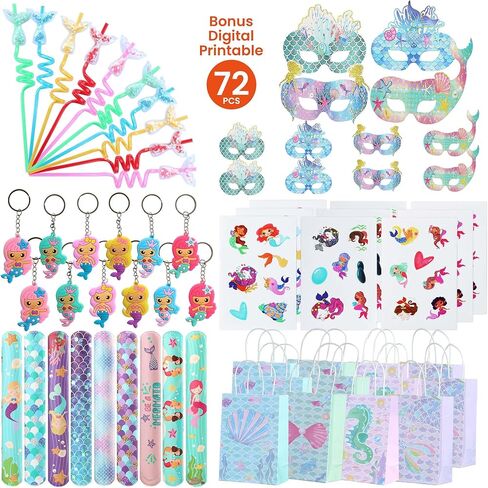 72 Pcs Mermaid Party Favors For Girl, 12 Set Princess Wristband Keychain Mask Straw Stickers Gift Bags for Kids Little Mermaid Theme Birthday Party Supplies in Kuwait