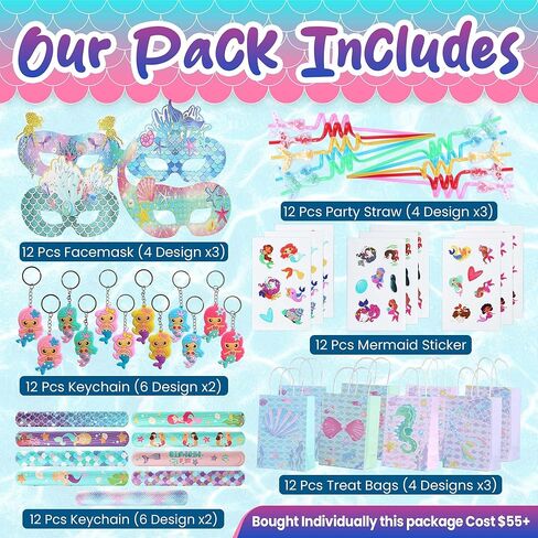 72 Pcs Mermaid Party Favors For Girl, 12 Set Princess Wristband Keychain Mask Straw Stickers Gift Bags for Kids Little Mermaid Theme Birthday Party Supplies in Kuwait
