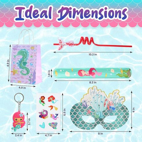 72 Pcs Mermaid Party Favors For Girl, 12 Set Princess Wristband Keychain Mask Straw Stickers Gift Bags for Kids Little Mermaid Theme Birthday Party Supplies in Kuwait