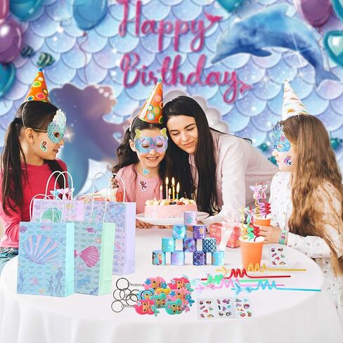 72 Pcs Mermaid Party Favors For Girl, 12 Set Princess Wristband Keychain Mask Straw Stickers Gift Bags for Kids Little Mermaid Theme Birthday Party Supplies in Kuwait