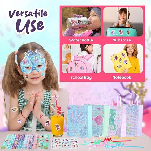 72 Pcs Mermaid Party Favors For Girl, 12 Set Princess Wristband Keychain Mask Straw Stickers Gift Bags for Kids Little Mermaid Theme Birthday Party Supplies in Kuwait