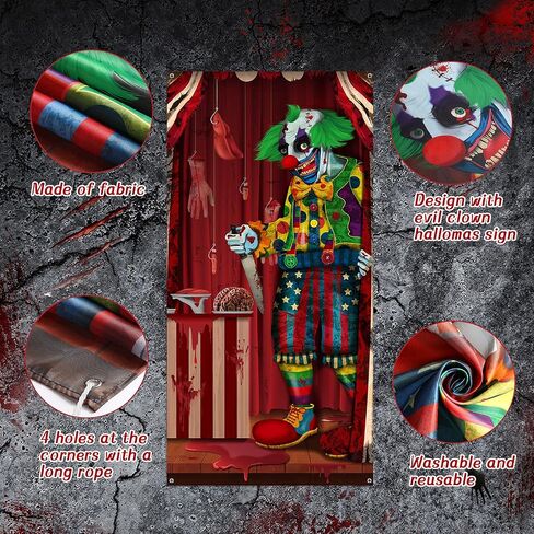 Halloween Decorations Large Evil Clown Door Cover Fabric Halloween Door Banner Backdrop Background Clown Theme Front Door Cover for Halloween Party Haunted House Photo Props Supplies, 70.9 x 35.4 Inch in Saudi Arabia