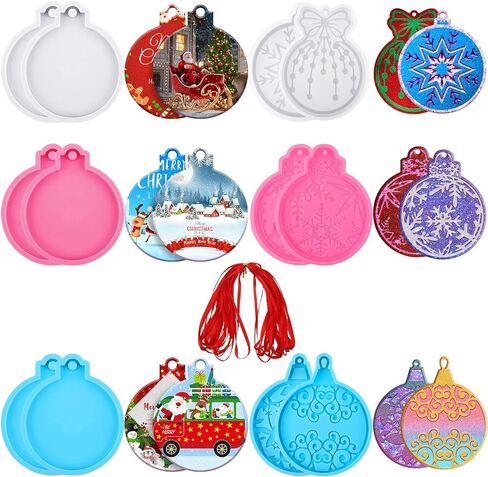 Perthlin 12 Pcs Christmas Resin Mold with Ribbon, Round Shape Silicone Ornament Molds Smooth Surface DIY Craft Keychain Molds for Epoxy Resin Jewelry Making Party Supplies in Saudi Arabia