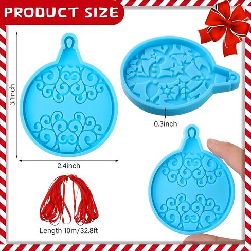 Perthlin 12 Pcs Christmas Resin Mold with Ribbon, Round Shape Silicone Ornament Molds Smooth Surface DIY Craft Keychain Molds for Epoxy Resin Jewelry Making Party Supplies in Saudi Arabia