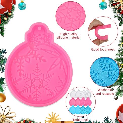 Perthlin 12 Pcs Christmas Resin Mold with Ribbon, Round Shape Silicone Ornament Molds Smooth Surface DIY Craft Keychain Molds for Epoxy Resin Jewelry Making Party Supplies in Saudi Arabia