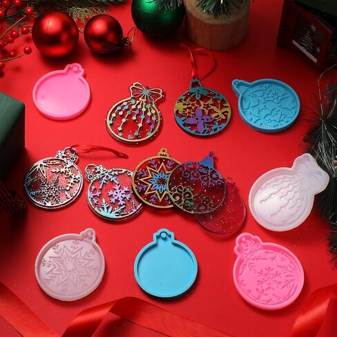 Perthlin 12 Pcs Christmas Resin Mold with Ribbon, Round Shape Silicone Ornament Molds Smooth Surface DIY Craft Keychain Molds for Epoxy Resin Jewelry Making Party Supplies in Saudi Arabia