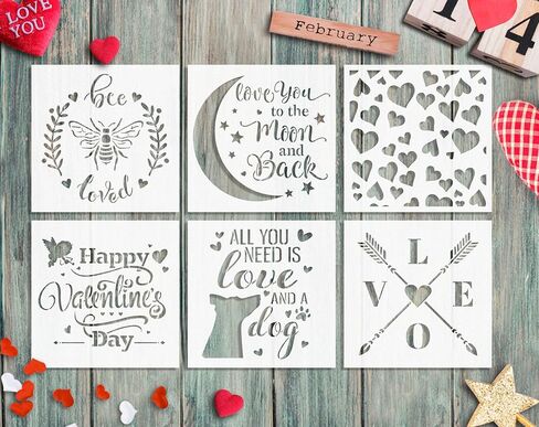 مجموعة استنسلات عيد الحب من جي إس ديزاينز، مجموعة من 6 قطع تزيين عيد الحب 15.24 سم × 15.24 سم لصنع بطاقات البسكويت - نوع نحلة وقمر الحب والقمر والقلوب والأسهم المتقاطعة والحب (SL-078) in Kuwait