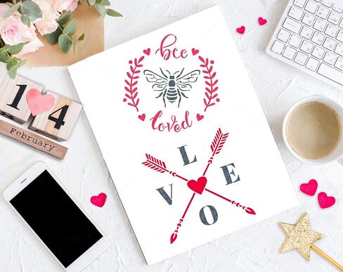 مجموعة استنسلات عيد الحب من جي إس ديزاينز، مجموعة من 6 قطع تزيين عيد الحب 15.24 سم × 15.24 سم لصنع بطاقات البسكويت - نوع نحلة وقمر الحب والقمر والقلوب والأسهم المتقاطعة والحب (SL-078) in Kuwait