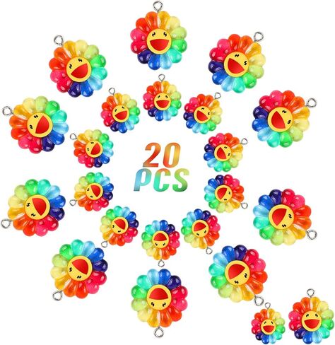 BENOSPACE 20 Pcs Sunflower Charms Pendants, Colorful Smile Face Daisy Charm New Smooth Resin Rainbow Smile Sunflower Bead Collection Crafts for DIY Bracelet Necklace Earring Keychain Making 2 Sizes in Saudi Arabia