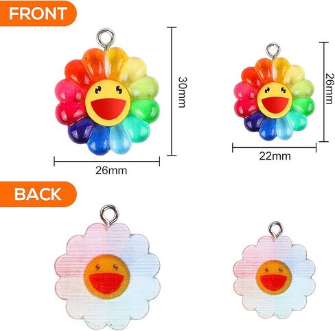 BENOSPACE 20 Pcs Sunflower Charms Pendants, Colorful Smile Face Daisy Charm New Smooth Resin Rainbow Smile Sunflower Bead Collection Crafts for DIY Bracelet Necklace Earring Keychain Making 2 Sizes in Saudi Arabia