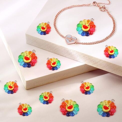 BENOSPACE 20 Pcs Sunflower Charms Pendants, Colorful Smile Face Daisy Charm New Smooth Resin Rainbow Smile Sunflower Bead Collection Crafts for DIY Bracelet Necklace Earring Keychain Making 2 Sizes in Saudi Arabia