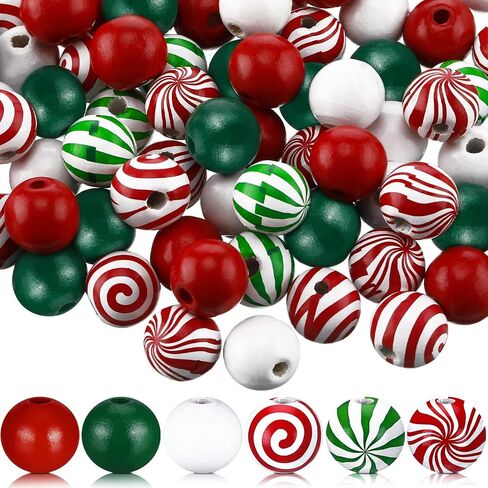 120 Pieces Christmas Wooden Bead Christmas Candy Farmhouse Bead Colorful Craft Bead Xmas Round Small Bead for DIY Jewelry Garland Decor Craft, Necklace Making, White, Green, Red in Saudi Arabia