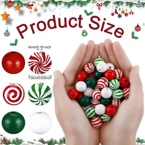 120 Pieces Christmas Wooden Bead Christmas Candy Farmhouse Bead Colorful Craft Bead Xmas Round Small Bead for DIY Jewelry Garland Decor Craft, Necklace Making, White, Green, Red in Saudi Arabia