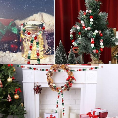 120 Pieces Christmas Wooden Bead Christmas Candy Farmhouse Bead Colorful Craft Bead Xmas Round Small Bead for DIY Jewelry Garland Decor Craft, Necklace Making, White, Green, Red in Saudi Arabia
