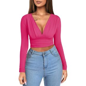 تي شيرت نسائي من FENSACE برقبة على شكل حرف V وأكمام طويلة مكشكشة وفريدة من نوعها ومثير وجذاب in Kuwait