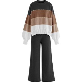 Disamer Women Knitted Outfits High Neck Sweater Wide Leg Pant Set 2 Pieces Long Sleeve Pullover Sweater Tops