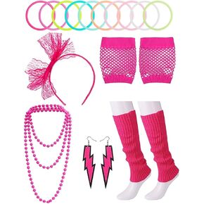 80s Accessories for Women，Retro 80s Lace Headband Bracelet Fishnet Gloves Necklace Earrings Leg Warmers for Women 80s Party