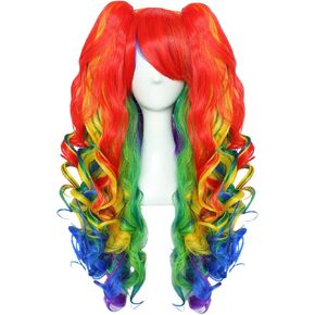 JoneTing Rainbow Ponytail Wig【+Wig Cap】Rainbow Cosplay Wig with Pigtails Curly Rainbow Wig with Double Ponytails Long Curly Multi-Red Rainbow Wigs for Halloween Christmas Party Costume Wigs for Cosers in Kuwait