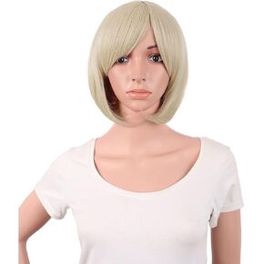 MapofBeauty Short Bob Straight Side Bangs Synthetic Fiber Heat Resistant Hair Party Cosplay Wig (Blonde)