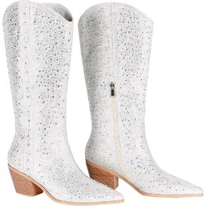 LVSEEMAN حجر الراين أحذية رعاة البقر للنساء سباركلي راعية البقر الأحذية بريق الأحذية الغربية أشار تو كتلة صندل بكعب مكتنز أحذية لامعة in Kuwait