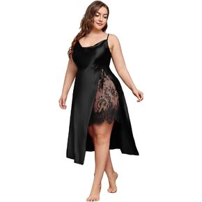 WDIRARA Women's Plus Size Satin Nightgown Lace Trim Cowl Neck Slit Chemise Sleep Dress