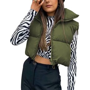 Yeokou Women's Cropped Puffer Vest Zip Up Stand Collar Sleeveless Outerwear with Pockets