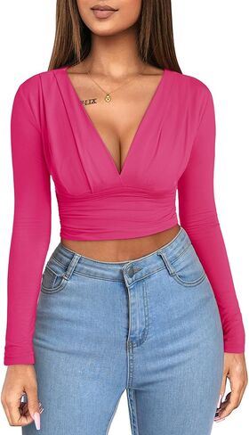 تي شيرت نسائي من FENSACE برقبة على شكل حرف V وأكمام طويلة مكشكشة وفريدة من نوعها ومثير وجذاب in Kuwait