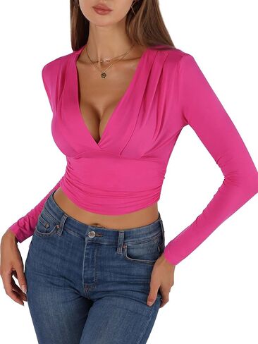 تي شيرت نسائي من FENSACE برقبة على شكل حرف V وأكمام طويلة مكشكشة وفريدة من نوعها ومثير وجذاب in Kuwait