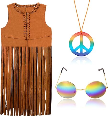 Spooktacular Creations 4PCS Hippie Costume Set with Fringe Vest, Earrings, Necklace, Sunglasses 60s 70s in Saudi Arabia