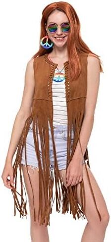 Spooktacular Creations 4PCS Hippie Costume Set with Fringe Vest, Earrings, Necklace, Sunglasses 60s 70s in Saudi Arabia