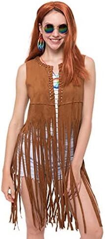 Spooktacular Creations 4PCS Hippie Costume Set with Fringe Vest, Earrings, Necklace, Sunglasses 60s 70s in Saudi Arabia