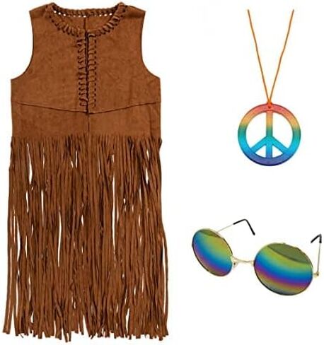 Spooktacular Creations 4PCS Hippie Costume Set with Fringe Vest, Earrings, Necklace, Sunglasses 60s 70s in Saudi Arabia