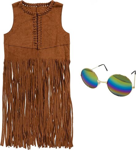 Spooktacular Creations 4PCS Hippie Costume Set with Fringe Vest, Earrings, Necklace, Sunglasses 60s 70s in Saudi Arabia
