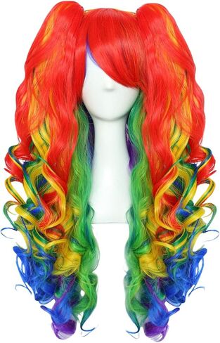 JoneTing Rainbow Ponytail Wig【+Wig Cap】Rainbow Cosplay Wig with Pigtails Curly Rainbow Wig with Double Ponytails Long Curly Multi-Red Rainbow Wigs for Halloween Christmas Party Costume Wigs for Cosers in Kuwait
