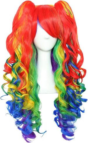 JoneTing Rainbow Ponytail Wig【+Wig Cap】Rainbow Cosplay Wig with Pigtails Curly Rainbow Wig with Double Ponytails Long Curly Multi-Red Rainbow Wigs for Halloween Christmas Party Costume Wigs for Cosers in Kuwait