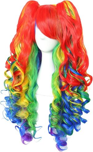 JoneTing Rainbow Ponytail Wig【+Wig Cap】Rainbow Cosplay Wig with Pigtails Curly Rainbow Wig with Double Ponytails Long Curly Multi-Red Rainbow Wigs for Halloween Christmas Party Costume Wigs for Cosers in Kuwait