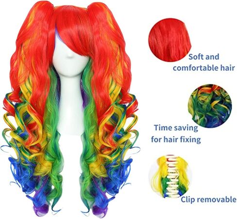 JoneTing Rainbow Ponytail Wig【+Wig Cap】Rainbow Cosplay Wig with Pigtails Curly Rainbow Wig with Double Ponytails Long Curly Multi-Red Rainbow Wigs for Halloween Christmas Party Costume Wigs for Cosers in Kuwait