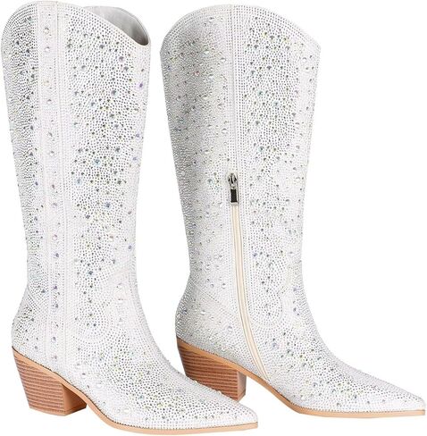 LVSEEMAN حجر الراين أحذية رعاة البقر للنساء سباركلي راعية البقر الأحذية بريق الأحذية الغربية أشار تو كتلة صندل بكعب مكتنز أحذية لامعة in Kuwait