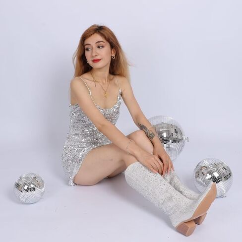 LVSEEMAN حجر الراين أحذية رعاة البقر للنساء سباركلي راعية البقر الأحذية بريق الأحذية الغربية أشار تو كتلة صندل بكعب مكتنز أحذية لامعة in Kuwait