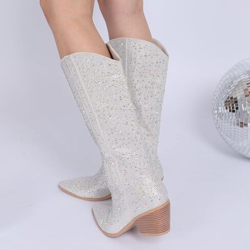 LVSEEMAN حجر الراين أحذية رعاة البقر للنساء سباركلي راعية البقر الأحذية بريق الأحذية الغربية أشار تو كتلة صندل بكعب مكتنز أحذية لامعة in Kuwait