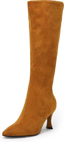 Coutgo Womens Knee High Boots Pointed Toe Kitten Heel Side Zipper Stretchy Vegan Suede Comfort Fall Winter Boot in Saudi Arabia