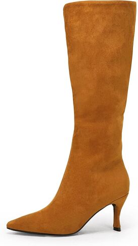 Coutgo Womens Knee High Boots Pointed Toe Kitten Heel Side Zipper Stretchy Vegan Suede Comfort Fall Winter Boot in Saudi Arabia